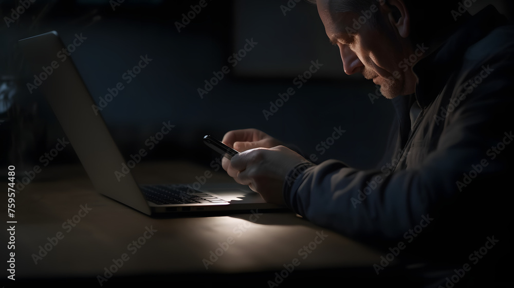 man using mobile phone in front of computer man using mobile phone in front of computer