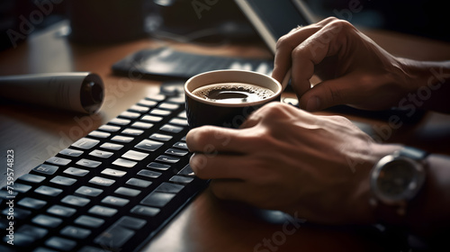 Manual typing on the keyboard with a cup of coffee