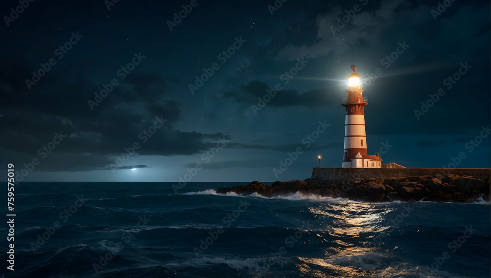 A dramatic photorealistic seascape featuring a lighthouse standing tall against the dark night sky, guiding ships safely to shore - obrazy, fototapety, plakaty 