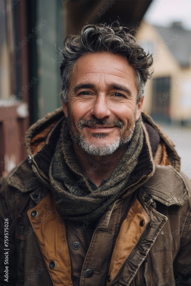 Obraz premium Handsome smiling, happy and pleased stoic man with positive vibes. Portrait of a joyful young man with beautiful hair and fashionable clothes.
