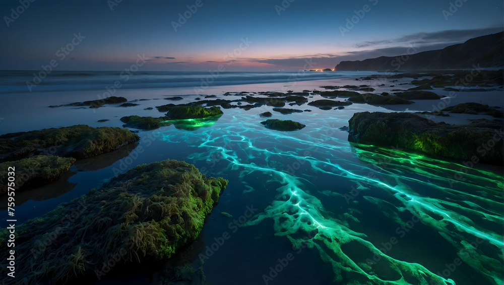 A magical beach scene illuminated by the ethereal glow of bioluminescent algae, creating a mesmerizing display of light and color