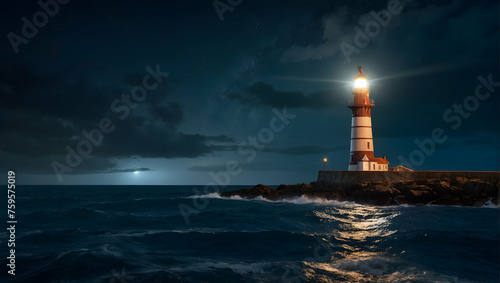 A dramatic photorealistic seascape featuring a lighthouse standing tall against the dark night sky, guiding ships safely to shore