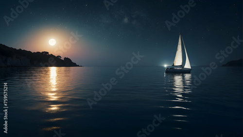A tranquil bay bathed in the soft glow of moonlight, with the silhouette of a sailboat anchored in the calm waters