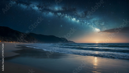 A tranquil beach scene at night, with gentle waves crashing against the shore under the shimmering light of the stars © Gohgah
