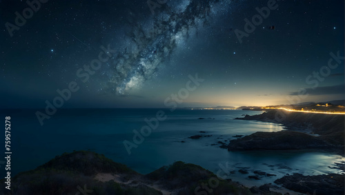 A tranquil coastal inlet at night, with the lights of coastal towns twinkling in the distance under a canopy of stars © Gohgah