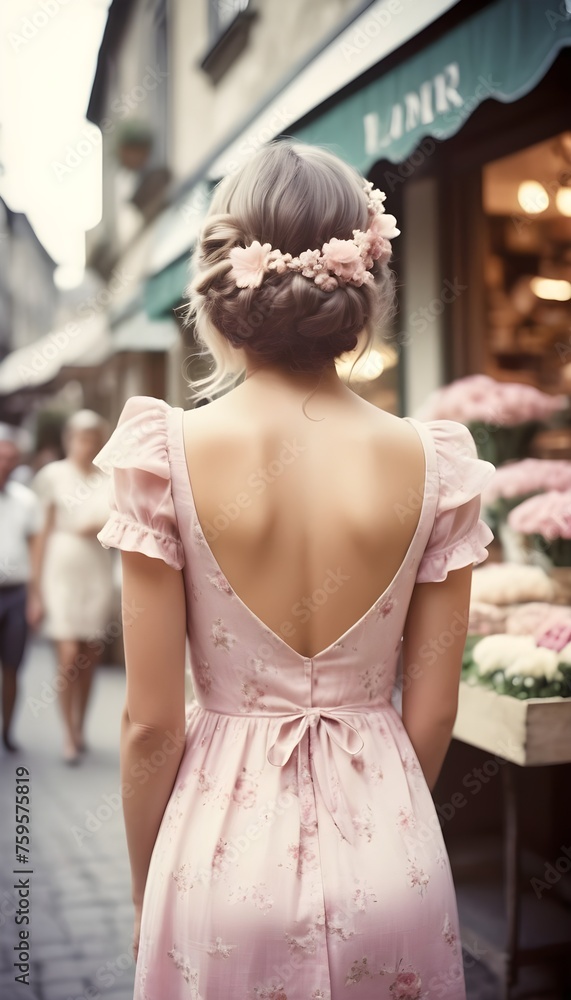 Naklejka premium Beautiful lady in a light pink dress back view