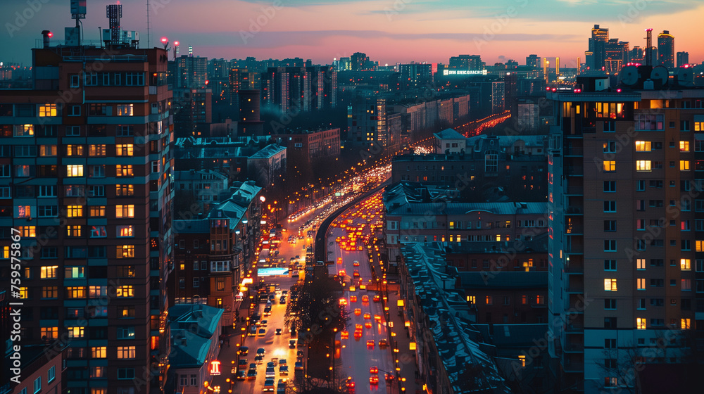 Fototapeta premium Twilight Cityscape with Traffic Trails