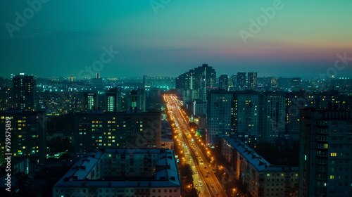 Urban Twilight Traffic in High-Rise Cityscape
