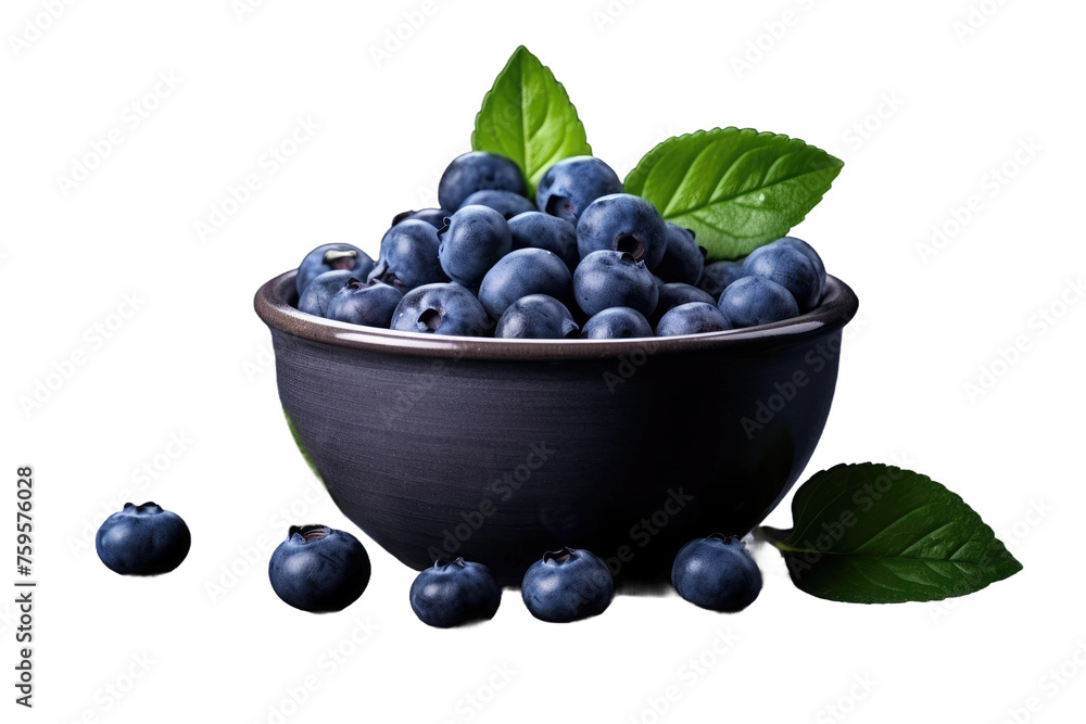 Black Bowl Filled With Blueberries and Green Leaves. on a White or Clear Surface PNG Transparent Background. Black Bowl Filled With Blueberries and Green Leaves. on a White or Clear Surface PNG Transparent Background.