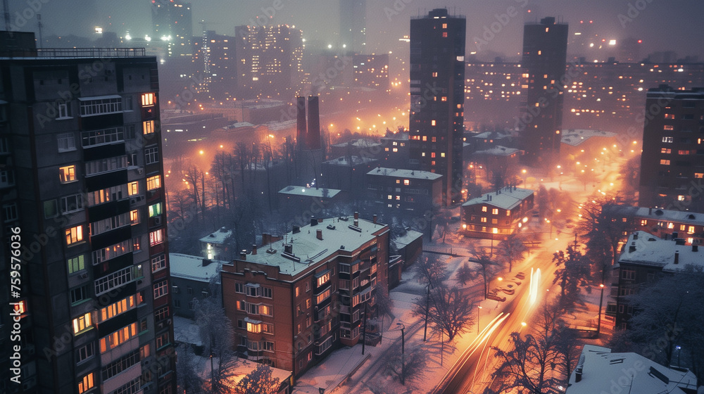 Snowy Evening Cityscape with Warm Glowing Lights Snowy Evening Cityscape with Warm Glowing Lights