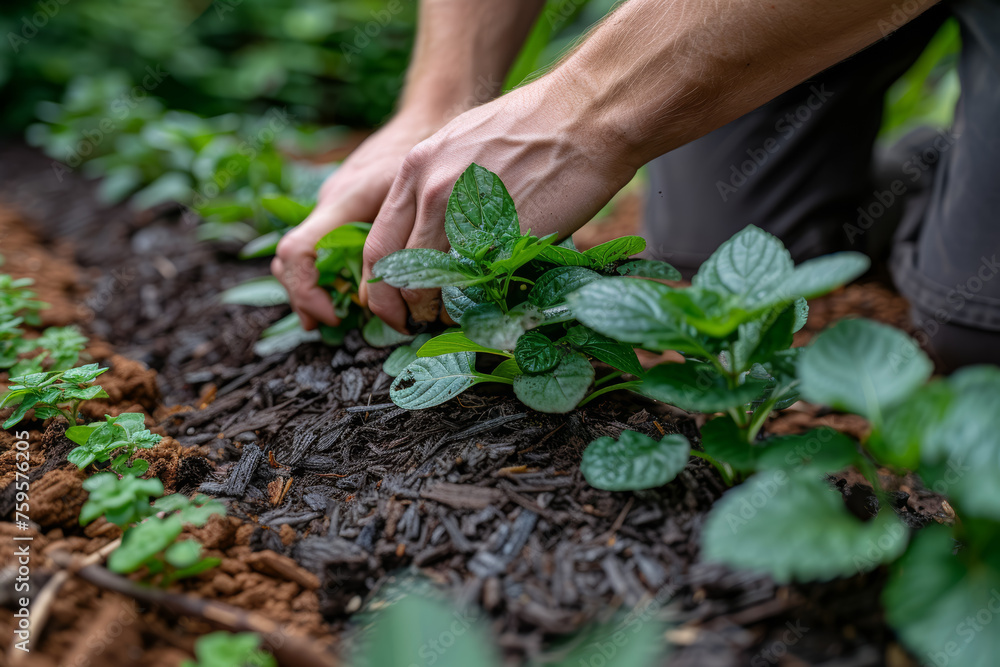 A closeup of hands applying a layer of mulch around plants to conserve