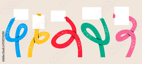Set of funny long hands holding a blank placards. Colorful vector illustration