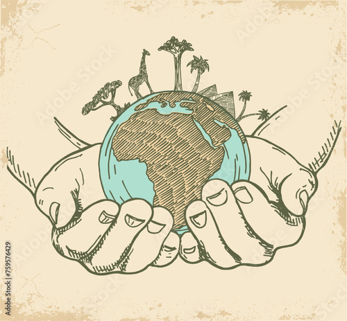 Hands holding Earth globe. Earth in human hands isolated on a white background, sketch style vector illustration. Animals and plants of Australia on the globe, protection of rare animals.