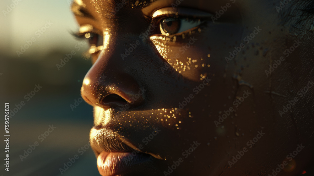 Intense gaze of a person captured in the glistening sunset, showcasing powerful emotion.