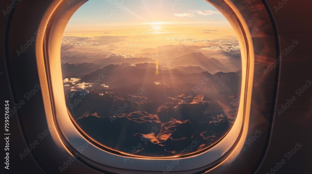 A view of the sun through an airplane window A view of the sun through an airplane window