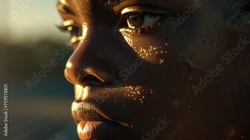 Intense gaze of a person captured in the glistening sunset, showcasing powerful emotion.