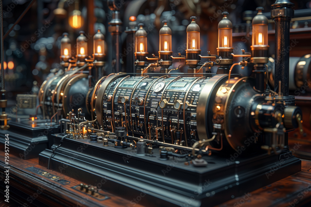A telegraph machine transmitting messages through wires, representing early electrical communication. Concept of wired connectivity. Generative Ai.