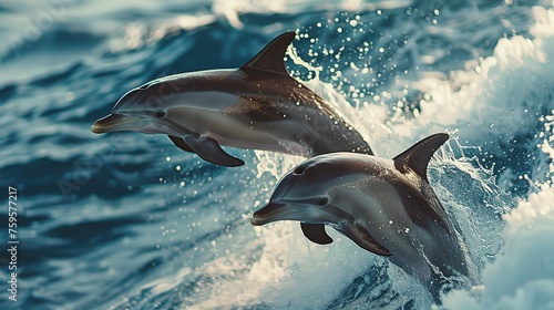 beautiful dolphins jumping over breaking waves. Hawaii Pacific Ocean