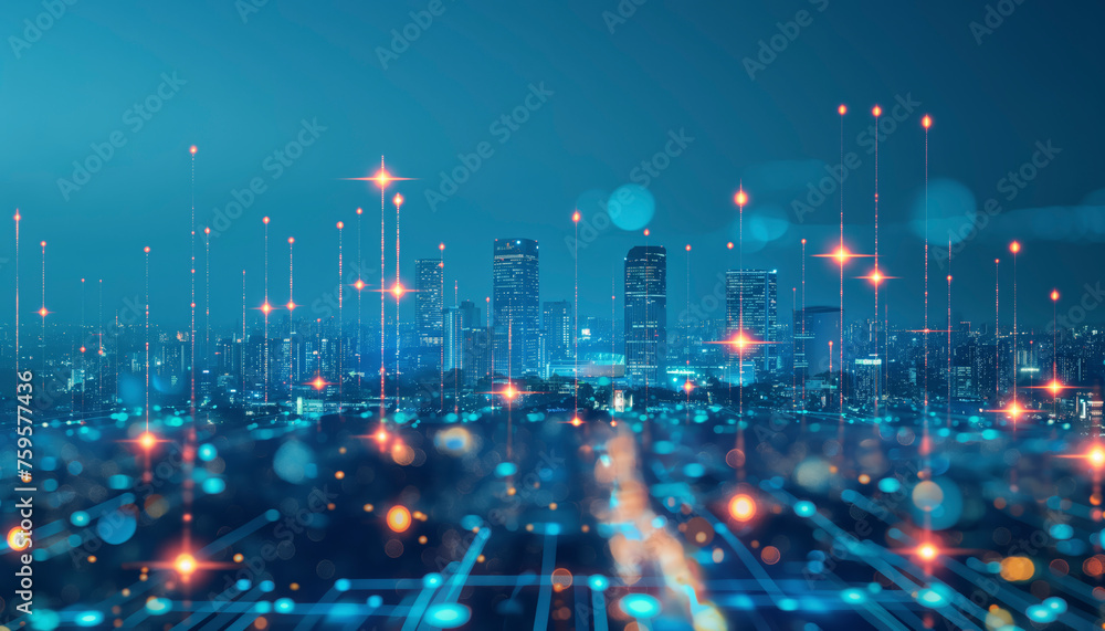 A cityscape with a lot of lights and a lot of lines. The city is lit up and the lights are shining brightly. The city is full of energy and excitement A cityscape with a lot of lights and a lot of lines. The city is lit up and the lights are shining brightly. The city is full of energy and excitement