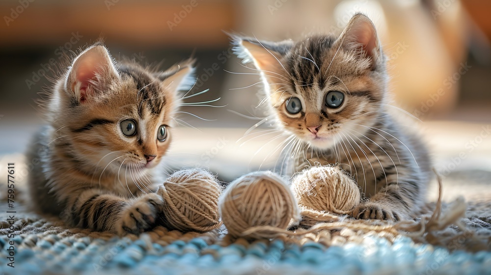 Inquisitive Kittens Engrossed in Play with Balls of Yarn on a Sunny Afternoon Inquisitive Kittens Engrossed in Play with Balls of Yarn on a Sunny Afternoon