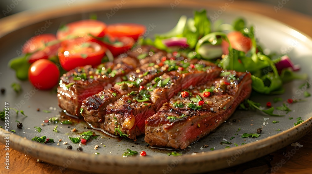Close-up of steak on a plate with tomatoes on the table