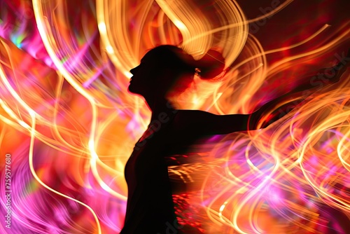 A woman is silhouetted against a background of bright orange and pink colors