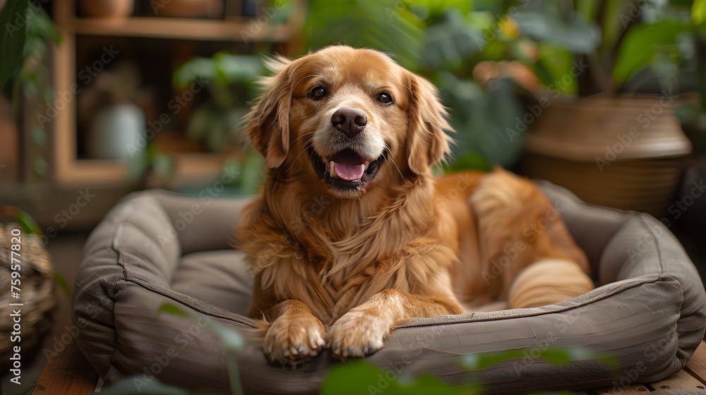 A happy dog is lying on a pillow. There are plants in the background