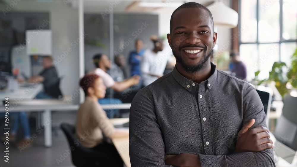 Confident businessman in a modern office environment, smiling with a team in the background. Confident businessman in a modern office environment, smiling with a team in the background.