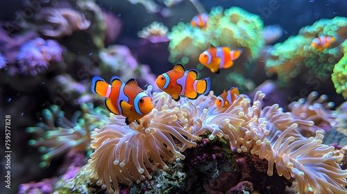 Vivid Dance of Clownfish Amongst Anemones in a Mesmerizing Aquarium Display