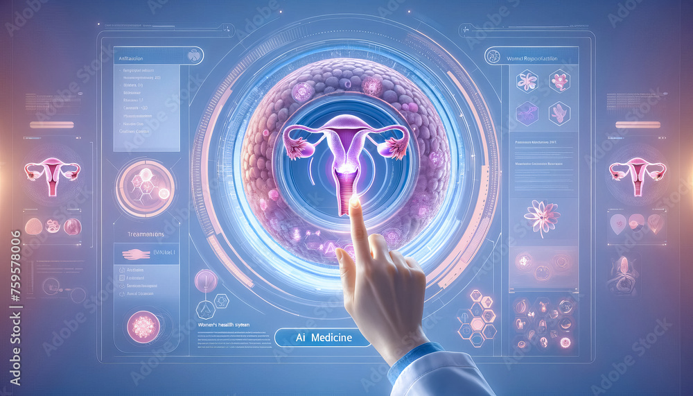 doctor in a white coat holding virtual screen wuth uterus reproductive system , Healthy feminine concept. - obrazy, fototapety, plakaty 