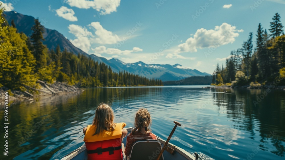 A family enjoying a scenic boat ride on a tranquil lake, surrounded by nature's beauty.