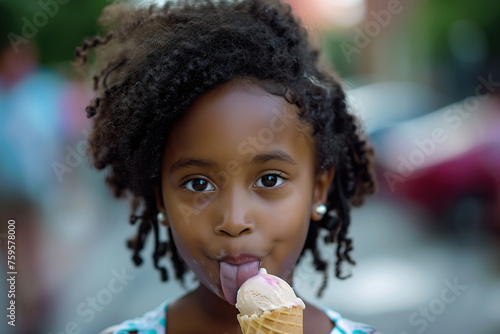 Funny little black girl eating ice cream with tongue visible, copy space on blurred city background photo