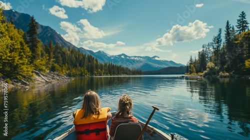 A family enjoying a scenic boat ride on a tranquil lake, surrounded by nature's beauty.