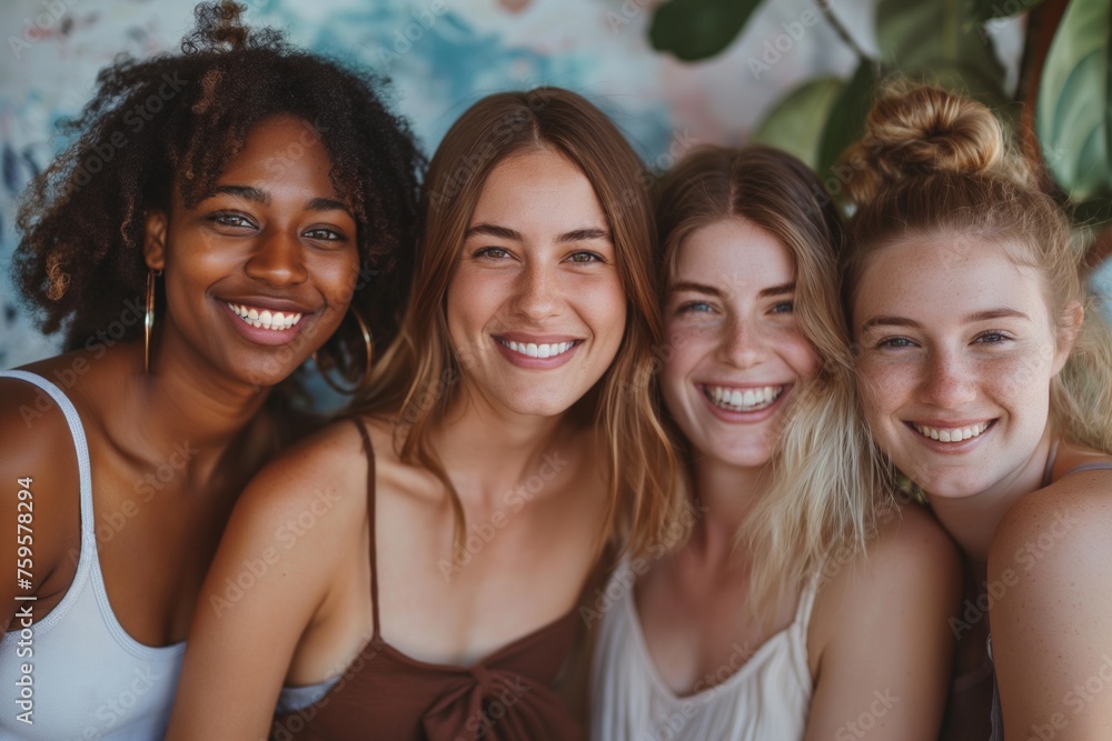 Four joyful friends posing closely, with genuine smiles and a backdrop of delicate florals Four joyful friends posing closely, with genuine smiles and a backdrop of delicate florals