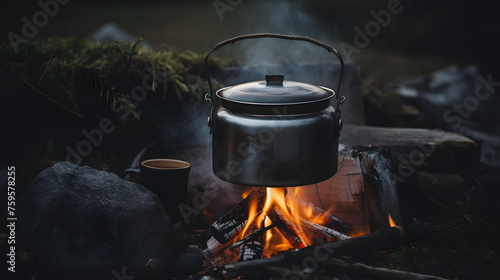 Metal campfire enamel mug with hot herbal tea on campfire. a pot of water boiling over a fire and a flame. Preparing food on campfire in wild camping