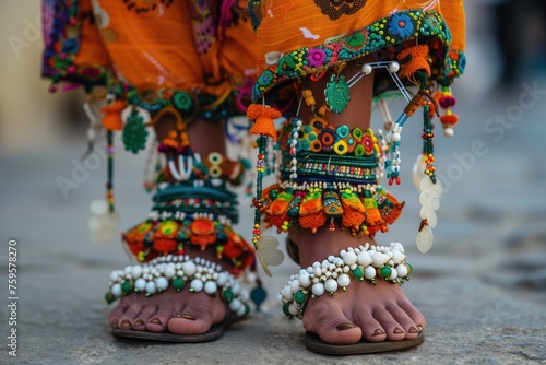 A woman wearing colorful bracelets and anklets photo