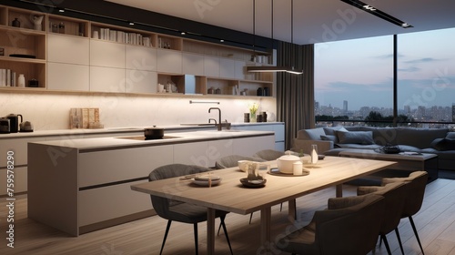 Interior of the modern luxure kitchen in studio apartments in minimalistic style photo