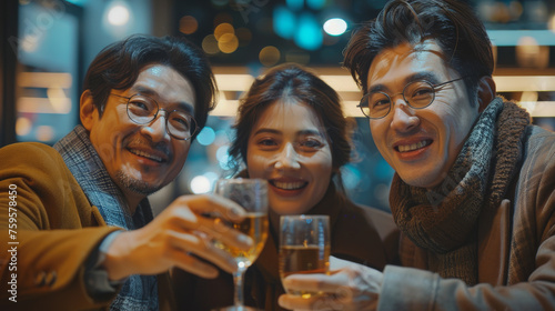 Group of young adults asian friends clink glasses in a bar at night , drinking to celebrate an event festive background