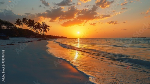 Beautiful sunset over the sea with a view at palms on the white beach