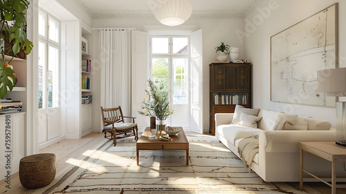 Scandinavian style living room designed with a mix of vintage and modern furniture pieces