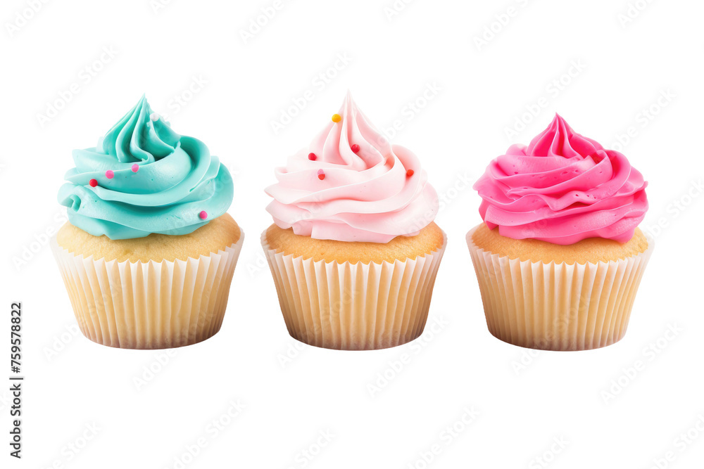 Three Cupcakes With Different Colored Frosting. on a White or Clear Surface PNG Transparent Background.