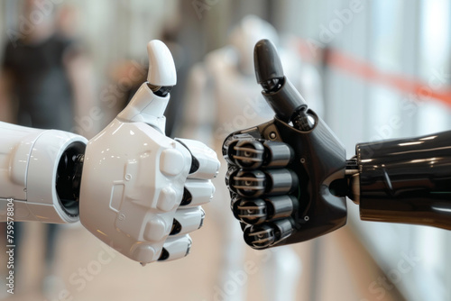 Two robot hands are touching each other, one of which has a thumbs up. The scene is set against a wooden fence, giving it a rustic and industrial feel. a Human and a Robot giving thumbs up
