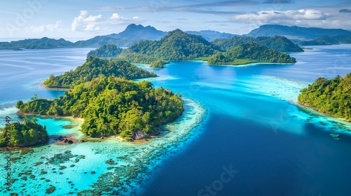 Aerial view of tropical islands with crystal-clear water photo