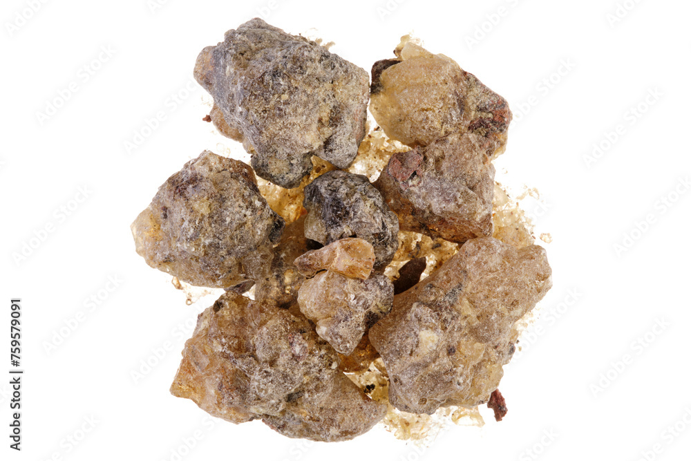 Overhead view of copal (Burseraceae), a tree resin from Indonesia, isolated on white background Overhead view of copal (Burseraceae), a tree resin from Indonesia, isolated on white background