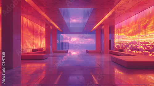 A futuristic space with holographic artwork and minimalist furniture.