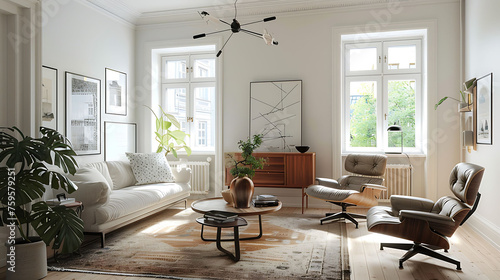 Scandinavian style living room designed with a mix of vintage and modern furniture pieces