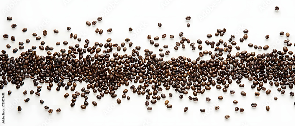 Fototapeta premium Top view of hot espresso and coffee beans arranged on a white table, creating a flat lay composition with space for text.