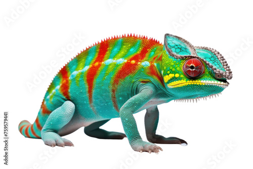 Colorful Chameleon Sitting on Top of White Surface. on a White or Clear Surface PNG Transparent Background.