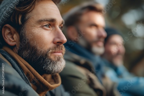 Diverse people sitting in a close circle and talking to a therapist. Group therapy session photo