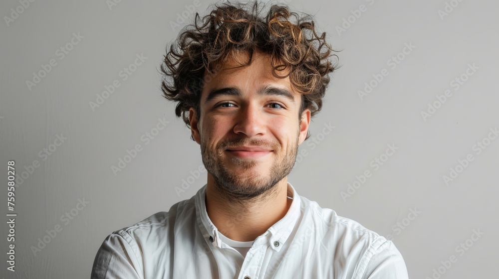 Obraz premium Handsome smiling, happy and pleased stoic man with positive vibes. Portrait of a joyful young man with beautiful hair and fashionable clothes.